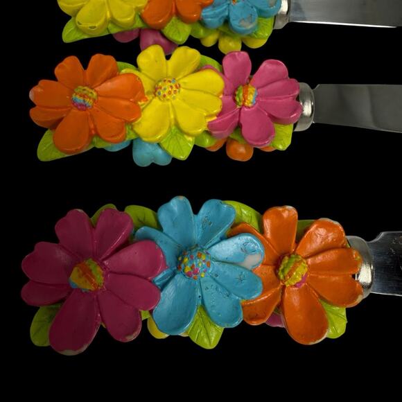 Set of 4 Flower Handle Spreaders Stainless Steel Colorful Cheese Butter Knives - Picture 4 of 6